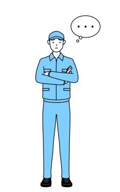 Şapkalı ve iş elbiseli bir adam kollarını kavuşturmuş, derin düşüncelere dalmış, Vektör Illustration