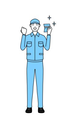 Şapkalı ve iş elbiseli bir adam bir banka cüzdanı görmekten memnun, Vector Illustration