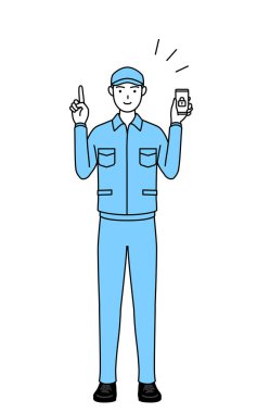 Şapkalı ve iş elbiseli bir adam telefonu için güvenlik önlemi alıyor, Vector Illustration