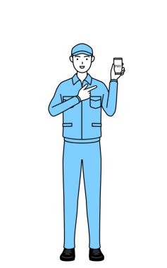 Şapkalı ve iş elbiseli bir adam akıllı bir telefondan nakitsiz internet ödemesi öneriyor, Vector Illustration.