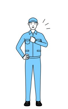 Şapkalı ve iş elbiseli bir adam göğsüne hafifçe vuruyor, Vector Illustration