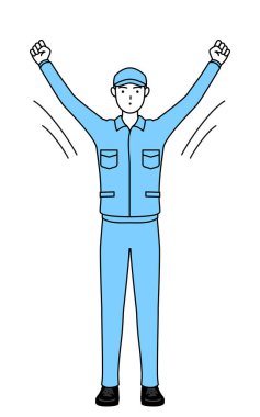 Şapkalı ve iş elbiseli bir adam radyo jimnastiği yapıyor, kaza önleme hazırlığı, Vektör İllüzyonu