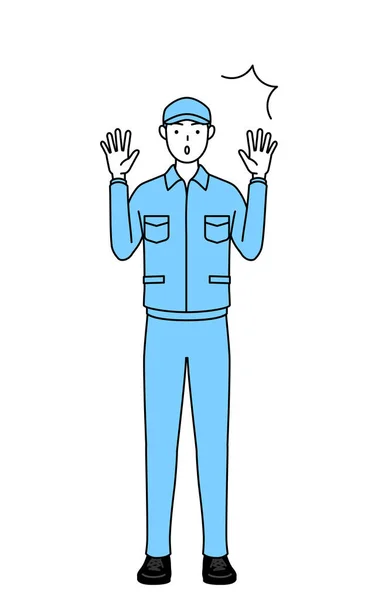 stock vector Man in hat and work clothes raising his hand in surprise, Vector Illustration