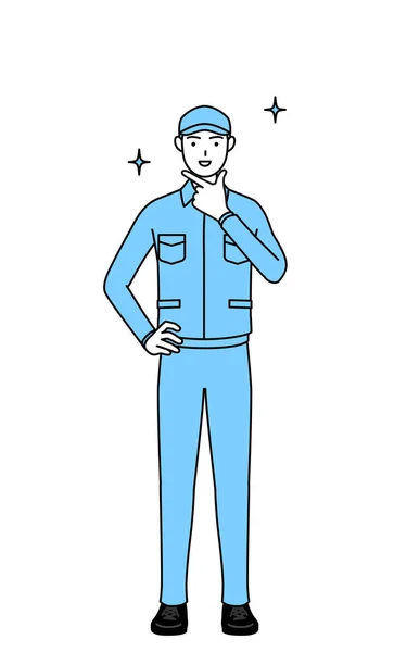 Hombre Con Sombrero Ropa Trabajo Una Pose Segura Vector Illustration — Vector de stock