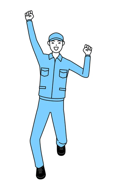 Stock vector Man in hat and work clothes smiling and jumping, Vector Illustration