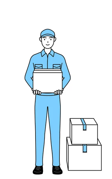 Homem Chapéu Roupa Trabalho Trabalhando Para Transportar Caixas Papelão Ilustração —  Vetores de Stock