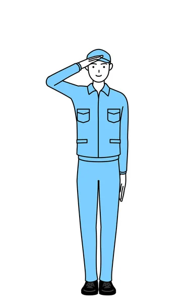 Mann Mit Hut Und Arbeitskleidung Macht Einen Gruß Vector Illustration — Stockvektor
