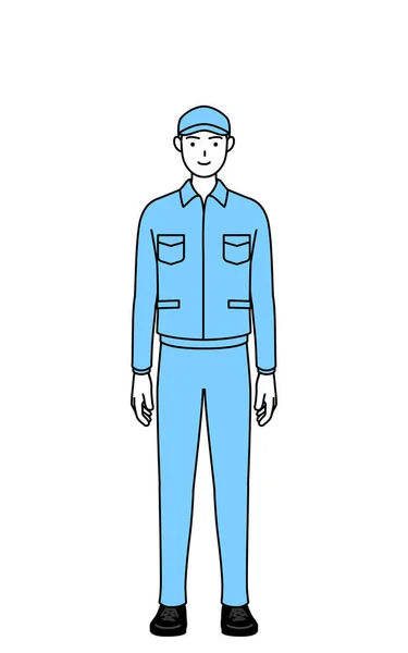 Homme Chapeau Vêtements Travail Avec Sourire Tourné Vers Avant Illustration — Image vectorielle