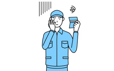 Şapkalı ve iş elbiseli bir adam banka defterine bakıyor ve depresyonda hissediyor, Vector Illustration.