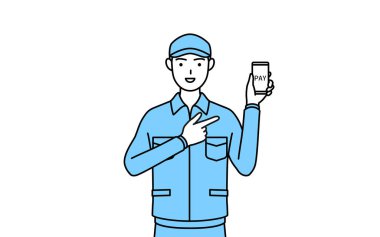 Şapkalı ve iş elbiseli bir adam akıllı bir telefondan nakitsiz internet ödemesi öneriyor, Vector Illustration.