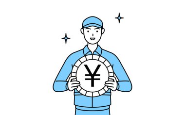 Şapkalı ve iş elbiseli bir adam dış ticaret kazanımları ve yen takdir, Vektör Illustration bir imajı