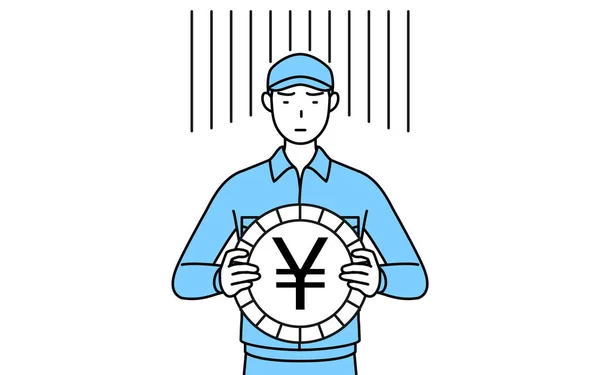 Man Muts Werkkleding Een Beeld Van Wisselkoersverlies Yen Afschrijving Vector — Stockvector