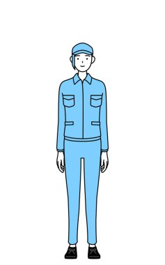 Şapkalı ve iş elbiseli bir kadın. Yüzü ileri dönük, Vektör İllüzyonu.