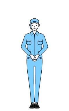 Şapkalı ve iş elbiseli kadın elleri bağlı eğiliyor, Vektör Resimleri