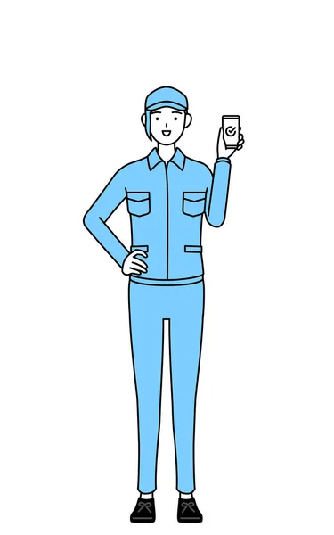 Kobieta Kapeluszu Ubrania Robocze Pomocą Smartfona Pracy Vector Illustration — Wektor stockowy