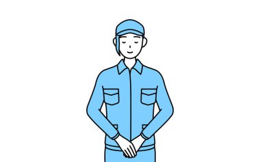 Şapkalı ve iş elbiseli kadın elleri bağlı eğiliyor, Vektör Resimleri