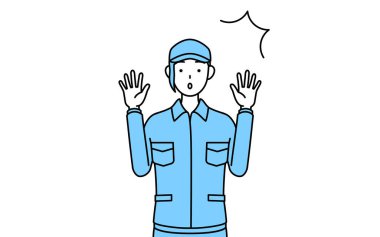 Şapkalı ve iş elbiseli bir kadın şaşkınlıkla elini kaldırıyor.