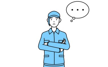 Şapkalı ve iş elbiseli kadın kollarını kavuşturmuş, derin düşüncelere dalmış, Vector Illustration