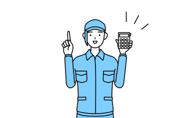 Şapkalı ve iş elbiseli bir kadın elinde hesap makinesi ve işaret eden, Vektör İllüstrasyonu