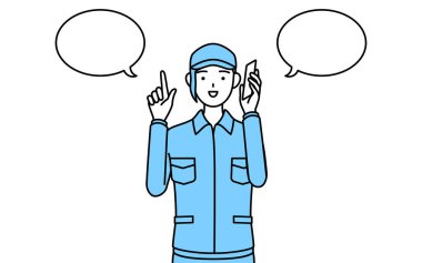 Şapkalı ve iş elbiseli bir kadın telefonda Vector Illustration 'ı işaret ediyor.