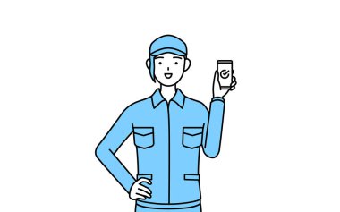 İş yerinde şapkalı ve iş elbiseli bir kadın akıllı telefon kullanıyor, Vector Illustration