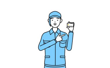 Şapkalı ve iş elbiseli bir kadın kredi kartı ödemesi öneriyor, Vector Illustration