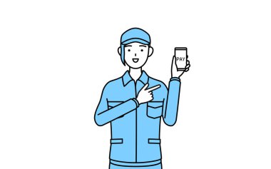 Şapkalı ve iş elbiseli bir kadın akıllı telefondan nakitsiz internet ödemesi öneriyor, Vector Illustration