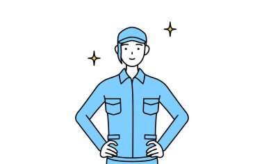 Şapkalı ve iş elbiseli bir kadın, elleri kalçasında, Vektör Illustration