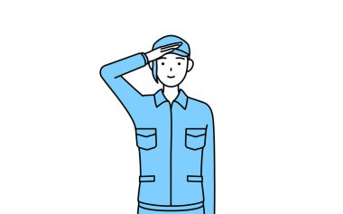 Şapkalı ve iş elbiseli bir kadın selam veriyor, Vektör İllüzyonu