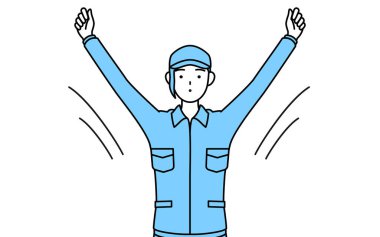 Şapkalı ve iş elbiseli bir kadın radyo jimnastiği yapıyor, kaza önleme hazırlığı, Vector Illustration