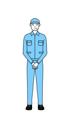 Şapkalı ve iş elbiseli son sınıf öğrencisi elleri bağlı eğiliyor, Vektör Resimleri