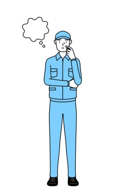 Şapkalı ve iş elbiseli kıdemli adam yüzünü çizerken düşünüyor, Vektör Çizimi