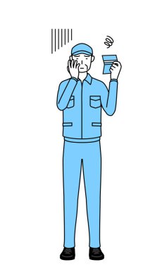 Şapkalı ve iş elbiseli kıdemli bir adam banka defterine bakıyor ve depresyonda, Vector Illustration