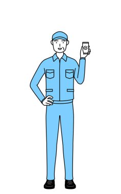 İş yerinde akıllı telefon kullanan şapkalı ve iş elbiseli son sınıf öğrencisi, Vector Illustration.