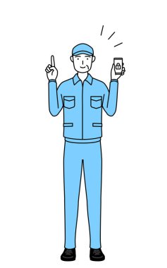 Şapkalı ve iş elbiseli kıdemli bir adam telefonu için güvenlik önlemi alıyor, Vector Illustration.