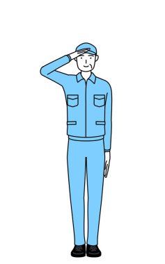 Şapkalı ve iş elbiseli son sınıf öğrencisi selam veriyor, Vektör Resimleri.