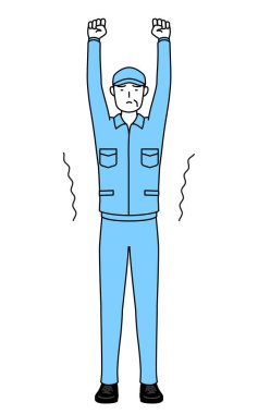 Şapkalı, iş elbiseli, kaslı ve dimdik duran kıdemli adam, Vektör İllüstrasyonu