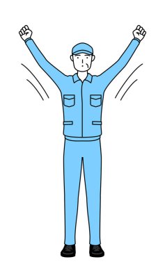 Şapkalı ve iş elbiseli kıdemli adam radyo jimnastiği yapıyor, kaza önleme hazırlığı, Vektör İllüzyonu