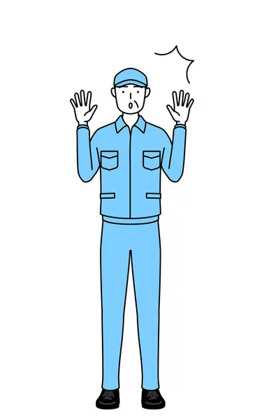 Homme Âgé Chapeau Vêtements Travail Levant Main Dans Surprise Illustration — Image vectorielle
