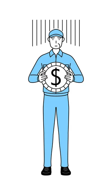 帽子のシニア男性と仕事の服交換損失やドルの減価償却のイメージ ベクトルイラスト — ストックベクタ