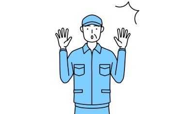 Şapkalı ve iş elbiseli son sınıf öğrencisi elini kaldırıyor, Vector Illustration.