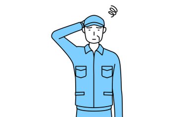 Şapkalı ve iş elbiseli son sınıf öğrencisi başı dertteyken kaşınıyor.