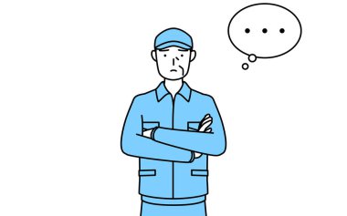 Şapkalı ve iş elbiseli kıdemli adam kollarını kavuşturmuş, derin düşüncelere dalmış, Vector Illustration