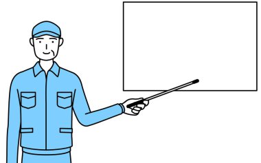 Şapkalı ve iş elbiseli kıdemli bir adam gösterge çubuğuyla beyaz tahtayı işaret ediyor, Vector Illustration.