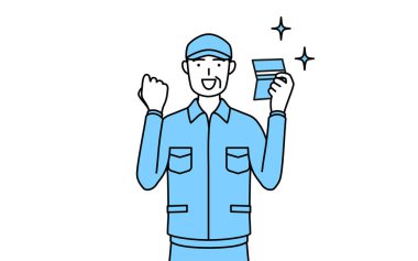 Vector Illustration adlı banka cüzdanını görmekten memnun olan şapkalı ve iş elbiseli kıdemli bir adam.