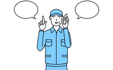 Şapkalı ve iş elbiseli kıdemli bir adam telefonda Vector Illustration 'ı işaret ediyor.