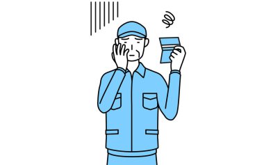 Şapkalı ve iş elbiseli kıdemli bir adam banka defterine bakıyor ve depresyonda, Vector Illustration