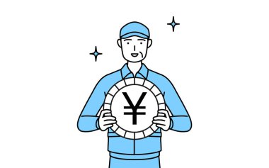 Şapkalı ve iş elbiseli kıdemli bir adam yabancı bir imaj kazanç ve yeni takdir, Vektör İllüstrasyon