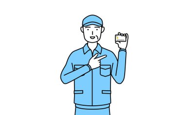 Şapkalı ve iş elbiseli kıdemli bir adam kredi kartı ödemesini tavsiye ediyor, Vector Illustration