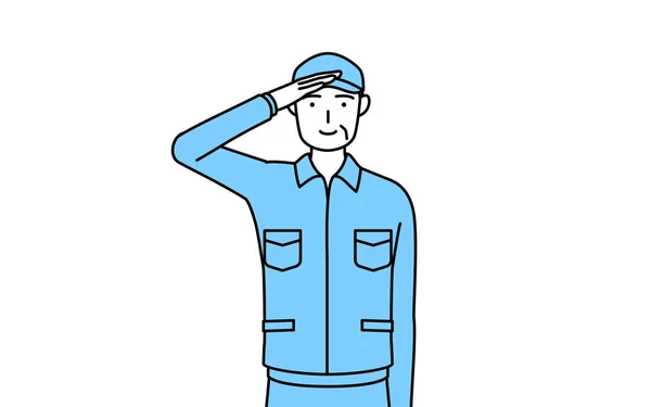 Uomo Anziano Cappello Abiti Lavoro Facendo Saluto Vector Illustration — Vettoriale Stock
